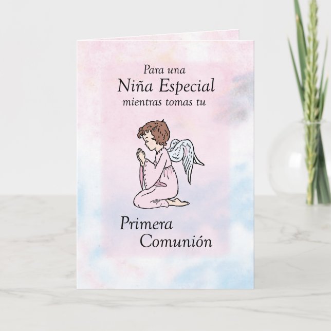 Tarjeta Ángel de rogación de la comunión del chica primer, (Anverso)