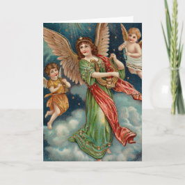 Tarjeta Ángel del vintage con la arpa y dos querubes