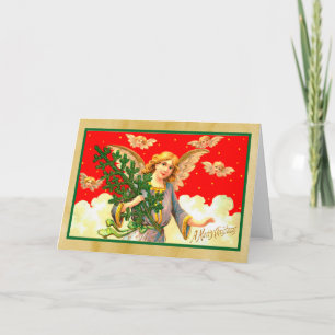 Tarjeta Ángel en lavanda llevando árbol de navidad