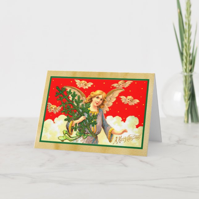 Tarjeta Ángel en lavanda llevando árbol de navidad (Anverso)