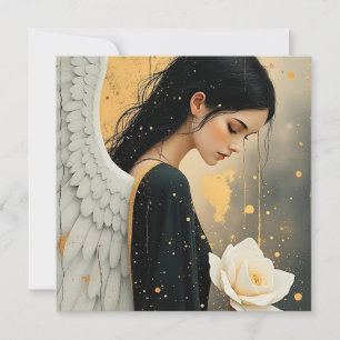 Tarjeta Ángel Gótico Hermoso y Rosa Blanca Celestial