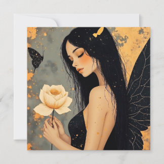 Tarjeta Ángel gótico y rosa en blanco