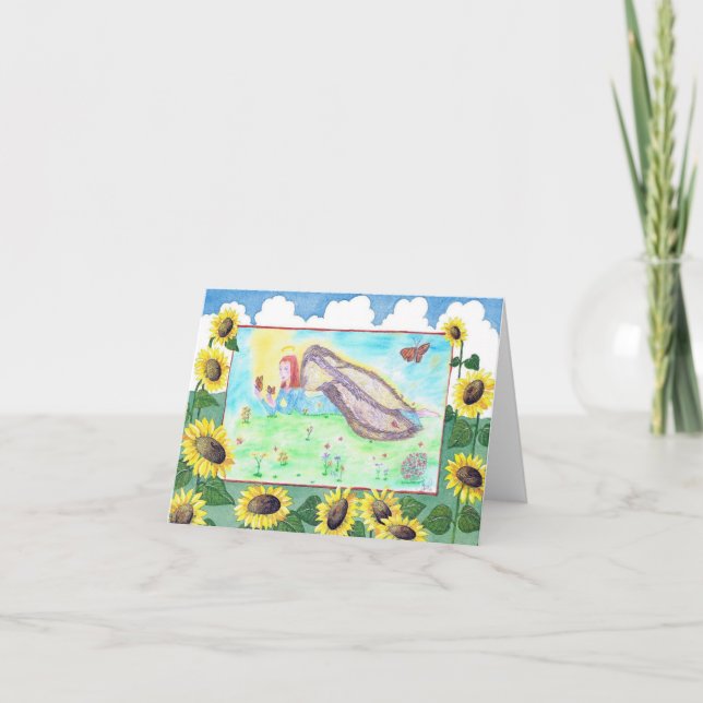 Tarjeta Ángel jugando con mariposas monarcas. (Anverso)