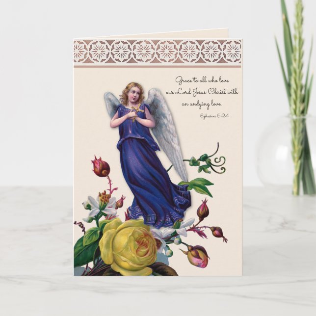 Tarjeta Ángel religioso con Crucifijo Jesús Floral (Anverso)