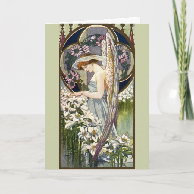 Tarjeta Ángel Victoriano y Flores de Lirio de Pascua Antig (Anverso)