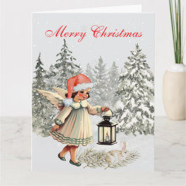 Tarjeta Ángel y conejo vintage de Navidad