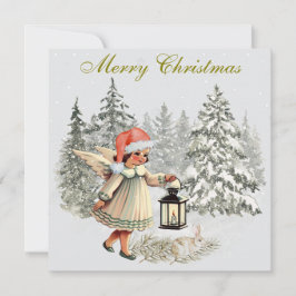Tarjeta Ángel y conejo vintage de Navidad