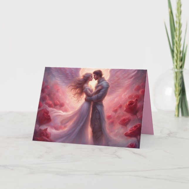 Tarjeta Angelic couple romance roses Valentines Day (Anverso)
