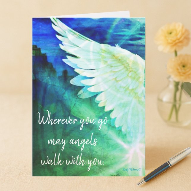 Tarjeta Angels Camina Con Tu Guardian Angel Blue Wing Note (Angel note card blue green wing Wherever you go may angels walk with you quote art Kristy McAdams)
