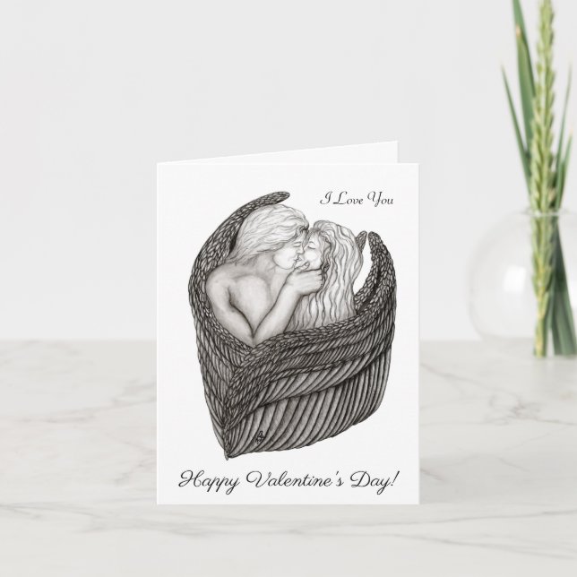 Tarjeta Angels Kissing , diseño en blanco y negro (Anverso)