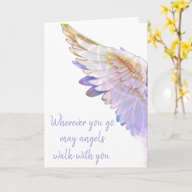 Tarjeta Angels With You Angel Lavender Gold Wing Greeting (flor amarilla)