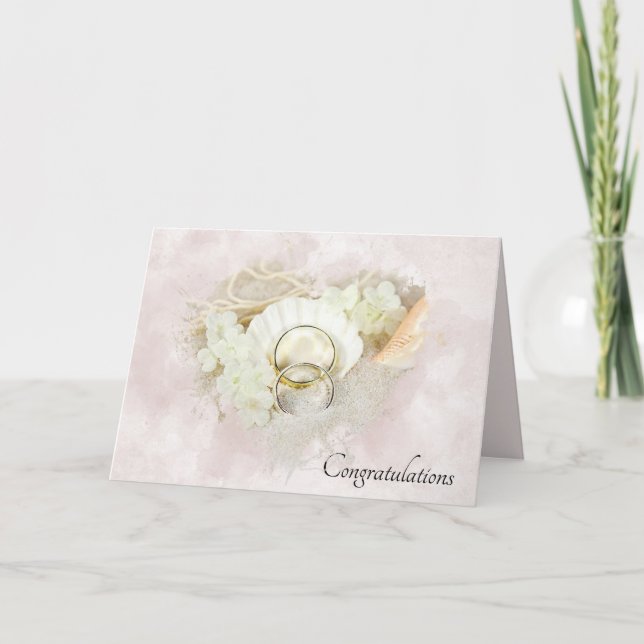 Tarjeta Anillos de boda en corazón de concha y arena Tarje (Anverso)