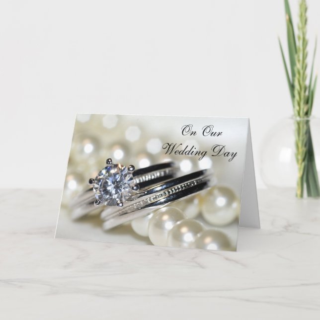 Tarjeta Anillos y Perlas Blancas Nuestro Día de la Boda (Anverso)