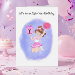 Tarjeta Animadora chica de cumpleaños saltando con pastel