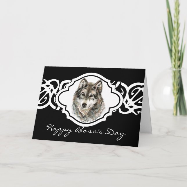 Tarjeta Animal feliz del lobo gris de la acuarela del día (Anverso)