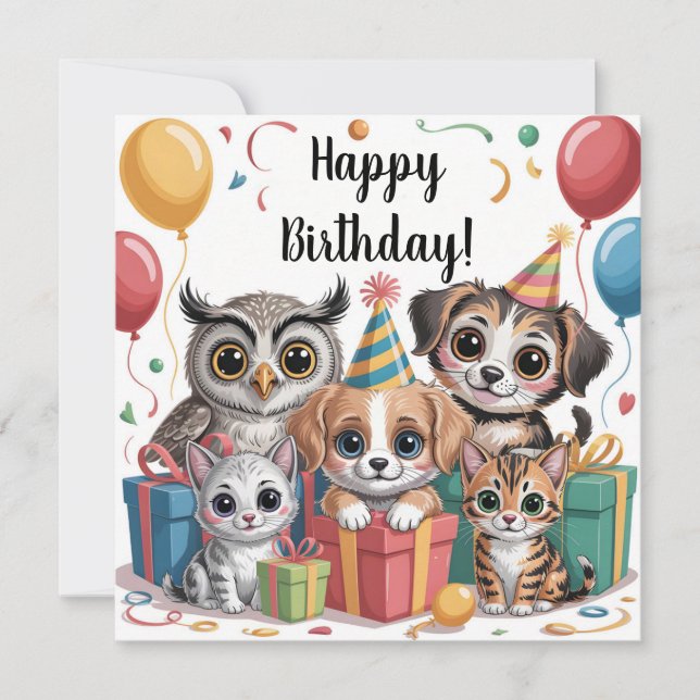 Tarjeta Animal Party Illustration with Puppies, Kittens (Anverso)