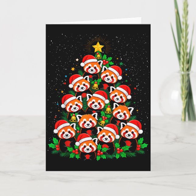 Tarjeta Animal Xmas Tree Santa Hat Red Panda Christmas  (Anverso)