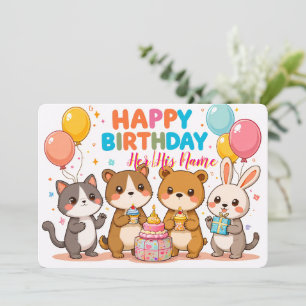 Tarjeta Animales adorables Kawaii Feliz Cumpleaños