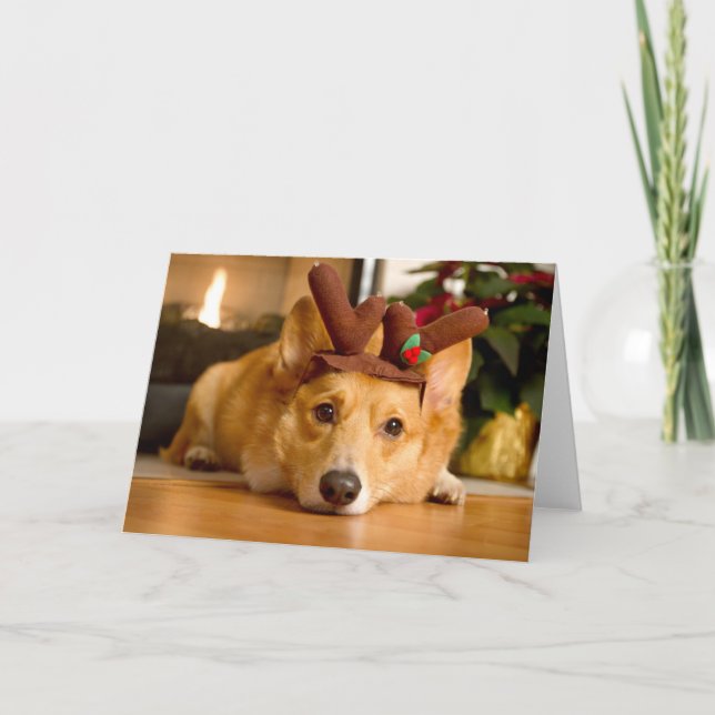 Tarjeta Animales Bebés Más Lindos | Reno Corgi de Navidad (Anverso)