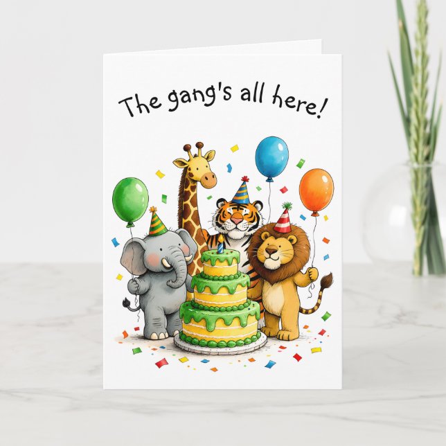 Tarjeta Animales caprichosos de cumpleaños en grupo con so (Anverso)