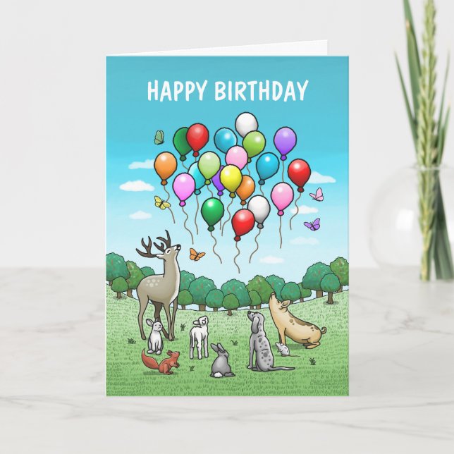 Tarjeta Animales con globos de cumpleaños (Anverso)