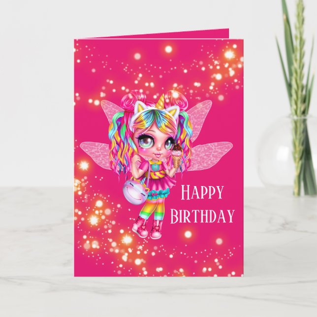 Tarjeta Animales de arco iris chica de hadas mágica cumple (Anverso)