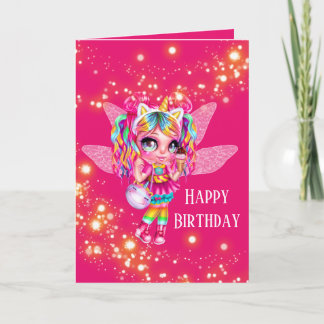 Tarjeta Animales de arco iris chica de hadas mágica cumple