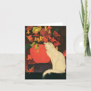 Tarjeta Animales de época, gato blanco elegante, flores de