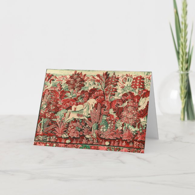 Tarjeta ANIMALES DE FANTASÍA,CABALLOS,Bosque floral rojo v (Anverso)