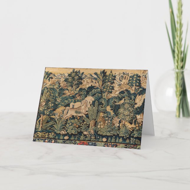 Tarjeta ANIMALES DE FANTASÍA, CABALLOS, Flora verde azul d (Anverso)