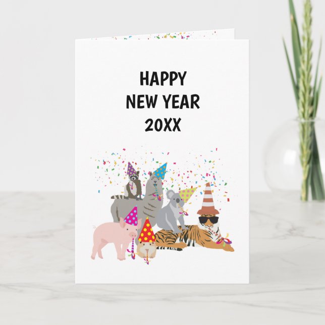 Tarjeta Animales de fiesta - Animales celebran Año Nuevo (Anverso)