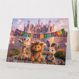 Tarjeta Animales de peluche lindos con pancarta de feliz c