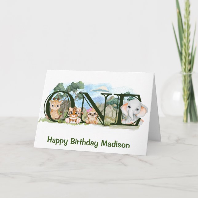Tarjeta Animales de Safari de la Selva Primer Cumpleaños U (Anverso)