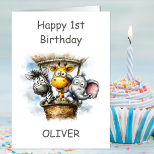 Tarjeta Animales de Safari en Globo Aerostático Cumpleaños