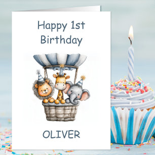 Tarjeta Animales de Safari en Globo Aerostático Cumpleaños