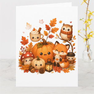 Tarjeta Animales lindos de otoño, zorro, búho y calabaza K