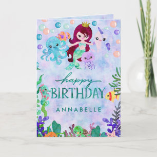 Tarjeta Animales Marinos Lindos Tema Sirena Cumpleaños Fel