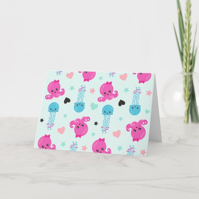 Tarjeta Animales marinos, vida marina, pulpo, medusas, cor (Anverso)