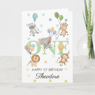 Tarjeta Animales Safari Niño 1er Cumpleaños, Nombre Person