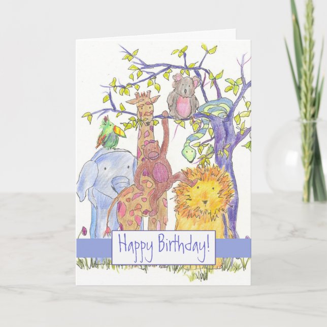 Tarjeta Animales zoológicos felices cumpleaños jirafa león (Anverso)