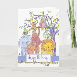 Tarjeta Animales zoológicos felices cumpleaños jirafa león