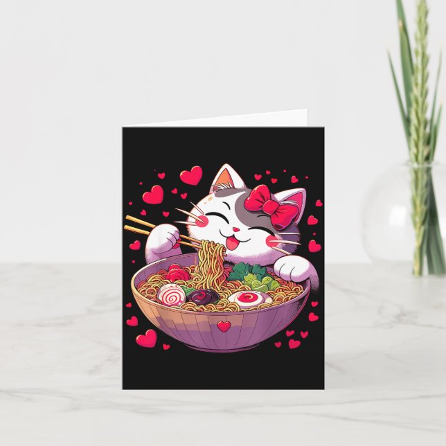 Tarjeta Anime Cat Eating Ramen Noodles With Hearts Valenti (Anverso)