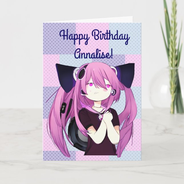 Tarjeta Anime Chica con audífonos Gato Oído cumpleaños gra (Anverso)
