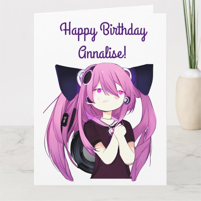 Tarjeta Anime Chica con audífonos Gato Oído cumpleaños gra (Anverso)