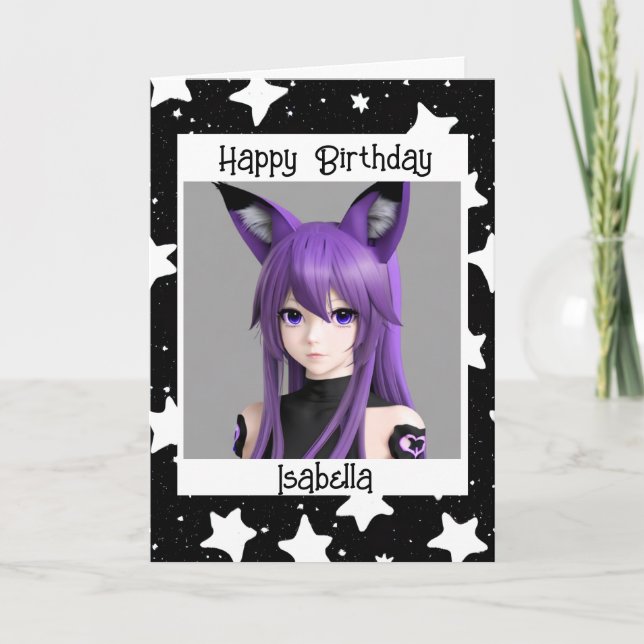 Tarjeta Anime Chica con cumpleaños de las orejas de Fox (Anverso)
