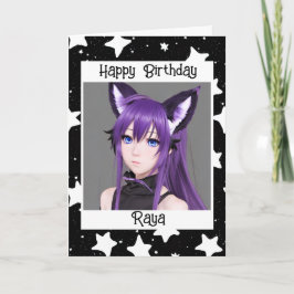 Tarjeta Anime Chica con cumpleaños púrpura de Fox Ears
