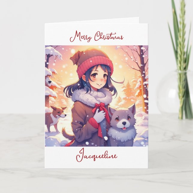 Tarjeta Anime Chica y perros con Navidades Antecedentes (Anverso)