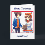Tarjeta Anime Couple Romántico Navidades Personalizados<br><div class="desc">tarjeta de navidades con una pareja de anime linda con un fondo de gato.</div>