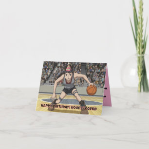 Tarjeta anime hembra dribbing basketball con gorra de cump