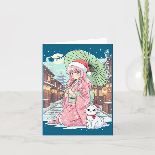 Tarjeta Anime Kimono Girl Christmas Japan Cat Xmas Japan A (Anverso)